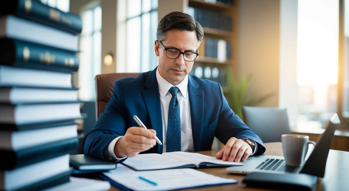 A prosecutor reviewing evidence, consulting legal statutes, and assessing the intent of the accused before filing criminal charges