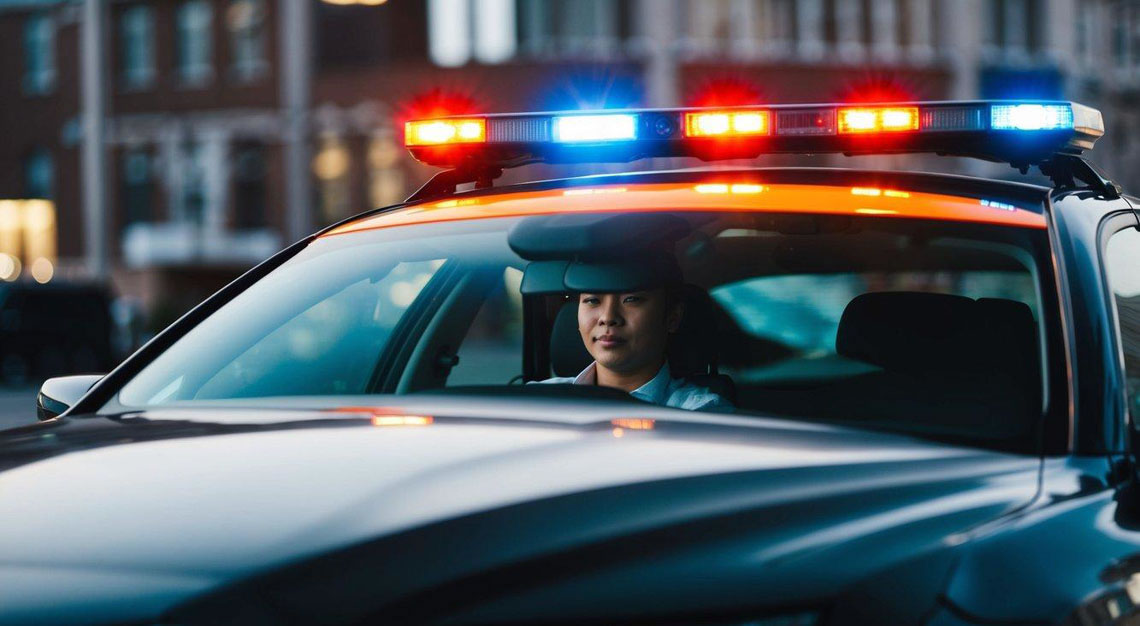 A person sitting in a car with flashing police lights in the background