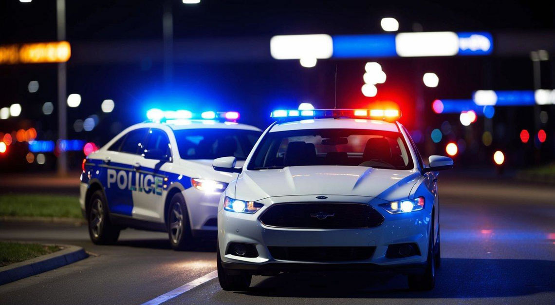 A car pulled over by police with flashing lights at night
