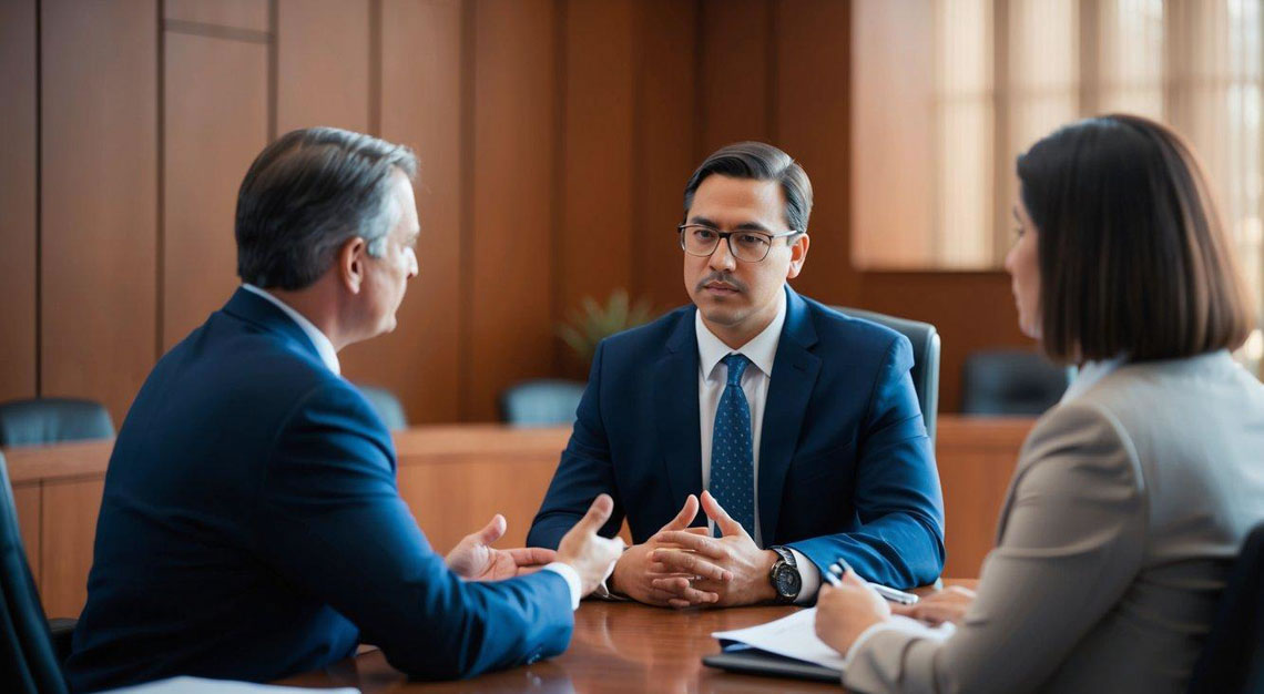 A person sitting in a courtroom with a lawyer, discussing legal procedures and defense strategies for a DUI case in Arizona